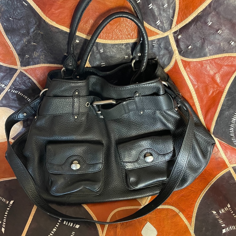 Cole Haan Large Black Pebbled Leather Saddle Bag